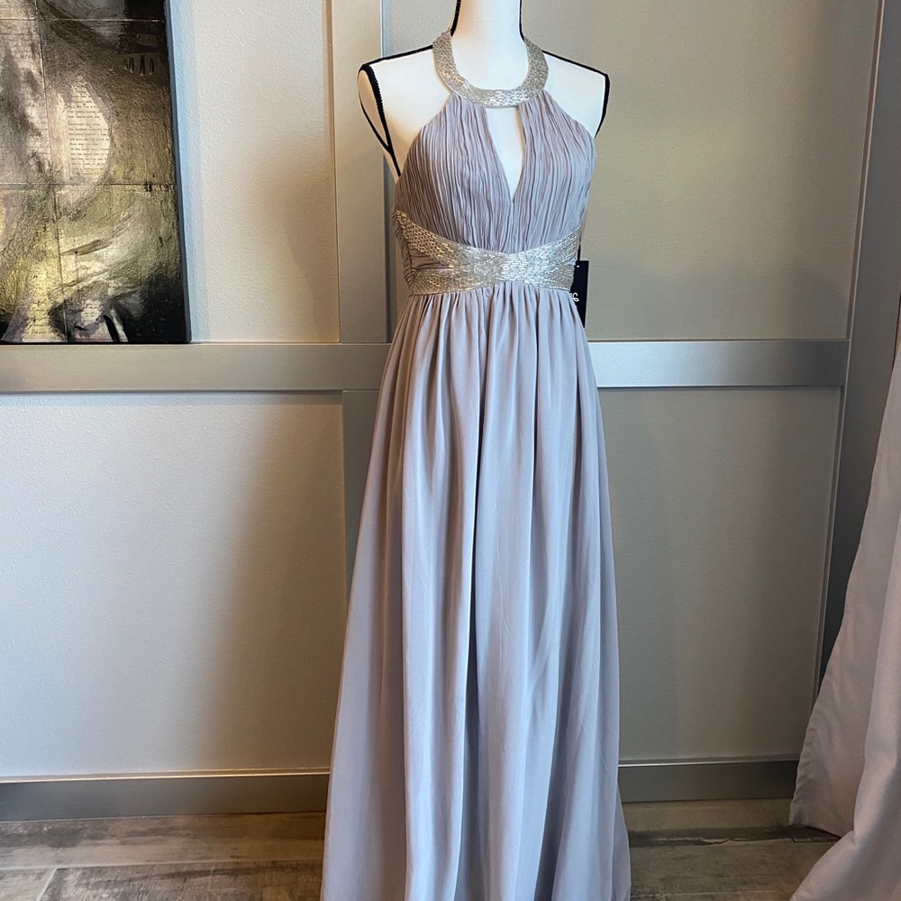 Grey Beaded Floor Length Chiffon Gown